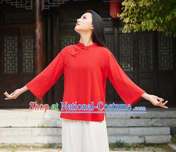 Traditional Chinese Tang Suit Red Flax Slant Opening Shirt Li Ziqi Blouse Upper Outer Garment Costume for Women