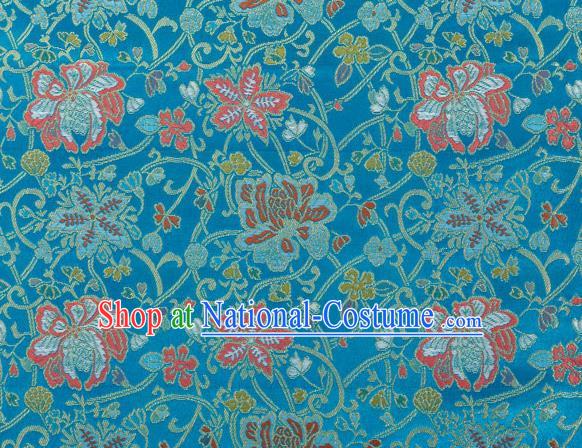 Chinese Classical Twine Lotus Pattern Design Lake Blue Brocade Fabric Asian Traditional Hanfu Satin Material