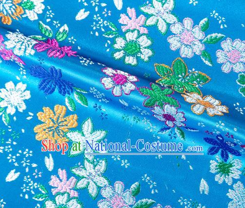 Japanese Traditional Sakura Pattern Design Blue Brocade Fabric Asian Kimono Tapestry Satin