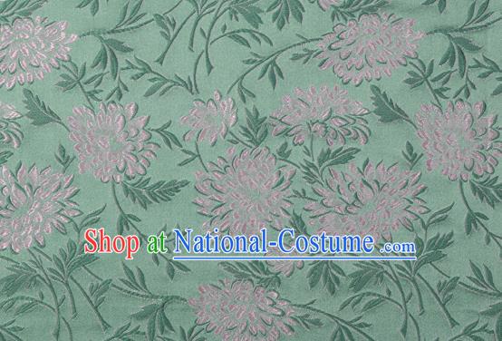 Japanese Traditional Chrysanthemum Pattern Design Green Brocade Fabric Asian Kimono Tapestry Satin