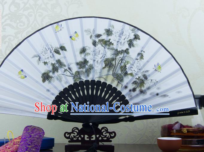 Traditional Chinese Printing Peony Grey Flax Fan China Bamboo Accordion Folding Fan Oriental Fan