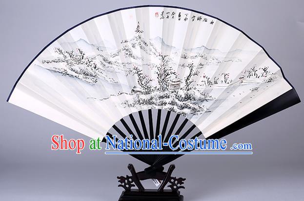 Traditional Chinese Handmade Painting Autumn Moon on Calm Lake Paper Folding Fan China Wood Accordion Fan Oriental Fan