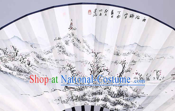 Traditional Chinese Handmade Painting Autumn Moon on Calm Lake Paper Folding Fan China Wood Accordion Fan Oriental Fan