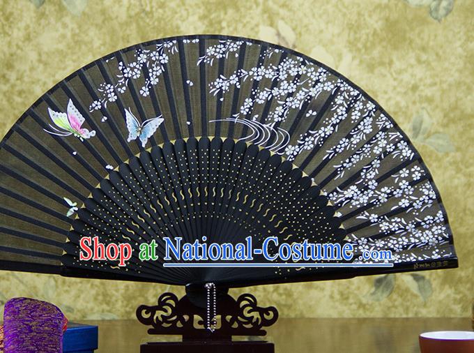 Traditional Chinese Printing Butterfly Black Silk Fan China Bamboo Accordion Folding Fan Oriental Fan