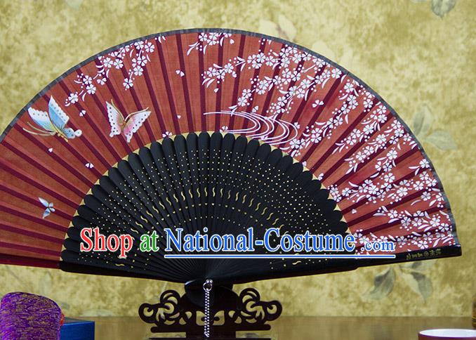 Traditional Chinese Printing Butterfly Purplish Red Silk Fan China Bamboo Accordion Folding Fan Oriental Fan