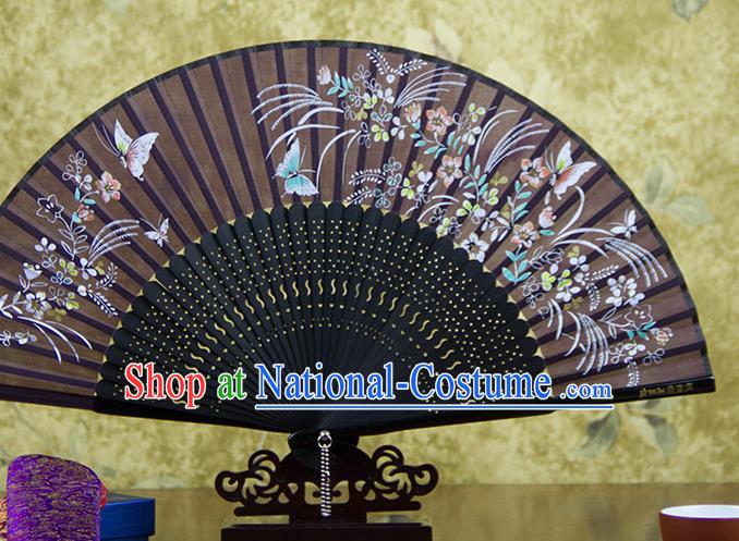 Traditional Chinese Printing Butterfly Brown Silk Fan China Bamboo Accordion Folding Fan Oriental Fan