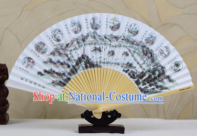 Traditional Chinese Ink Painting West Lake Landscape Art Paper Fan China Bamboo Accordion Folding Fan Oriental Fan