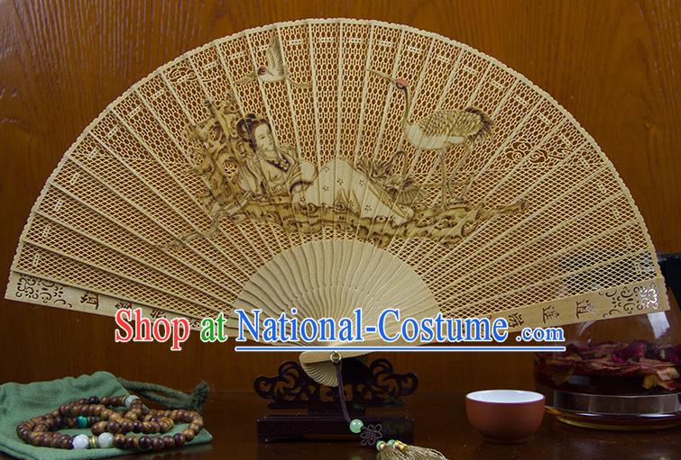 Traditional Chinese Hand Carving Crane Beauty Sandalwood Fan China Wood Accordion Folding Fan Oriental Fan