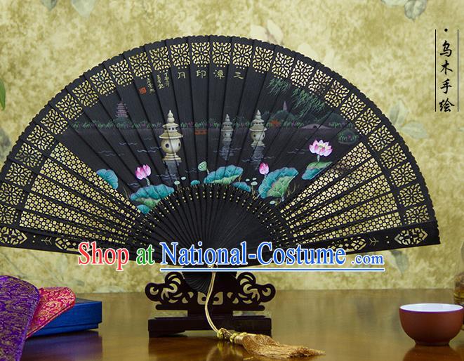 Traditional Chinese Hand Painting West Lake Ebony Fan China Accordion Folding Fan Oriental Fan