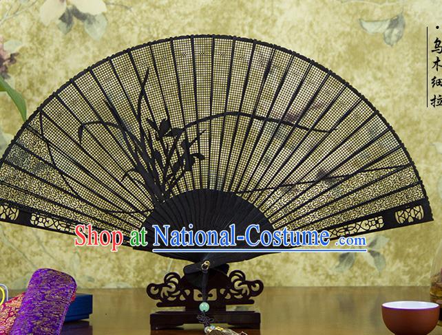 Traditional Chinese Hand Painting Orchid Ebony Fan China Accordion Folding Fan Oriental Fan