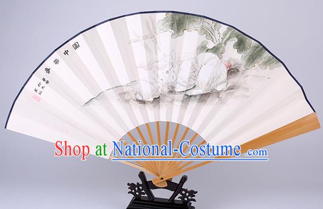 Traditional Chinese Hand Painting Rabbit Paper Fan China Bamboo Accordion Folding Fan Oriental Fan