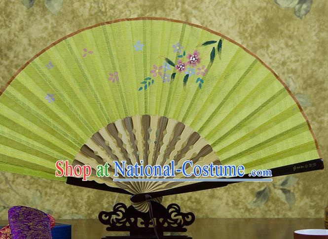 Traditional Chinese Printing Flowers Yellow Flax Fan China Bamboo Accordion Folding Fan Oriental Fan