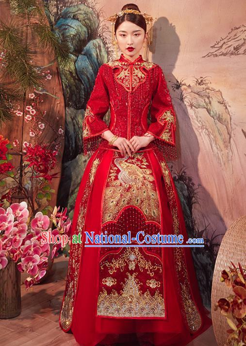 Chinese Traditional Wedding Dress Ancient Bride Embroidered Peacock Xiuhe Suits Costume for Women