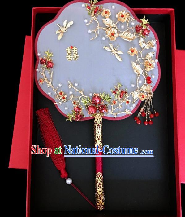 Chinese Traditional Hanfu Handmade Palace Fans Classical Wedding Pomegranate Round Fan for Women