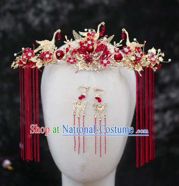 Chinese Traditional Wedding Red Tassel Crane Phoenix Coronet Hair Accessories for Women