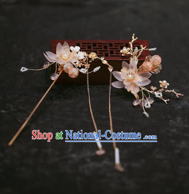 Chinese Traditional Hanfu Pink Flowers Tassel Hairpin Ancient Hair Accessories for Women