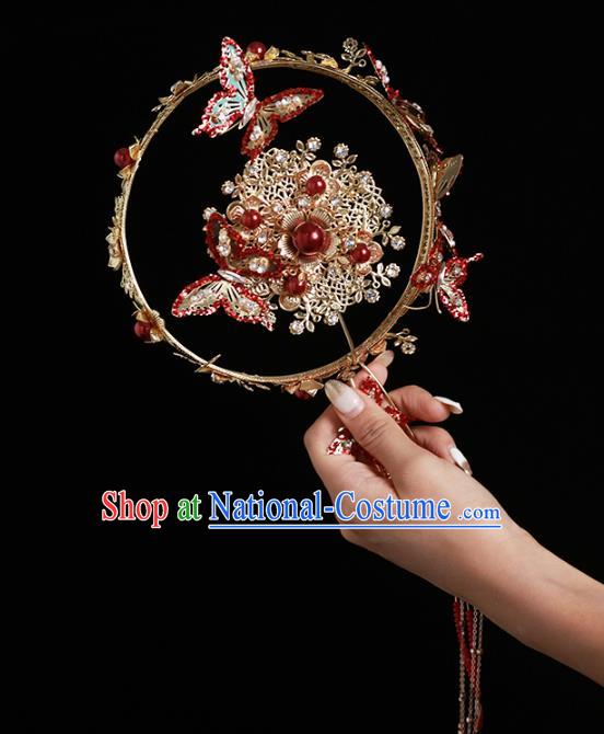 Chinese Traditional Red Butterfly Palace Fans Handmade Classical Hanfu Wedding Fan for Women