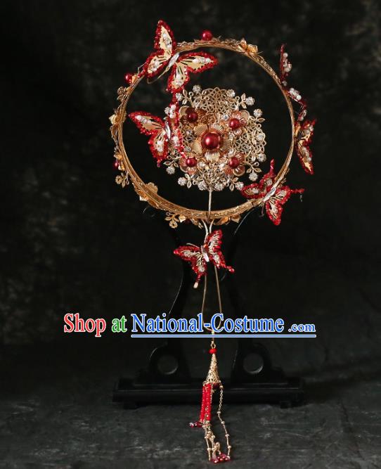 Chinese Traditional Red Butterfly Palace Fans Handmade Classical Hanfu Wedding Fan for Women