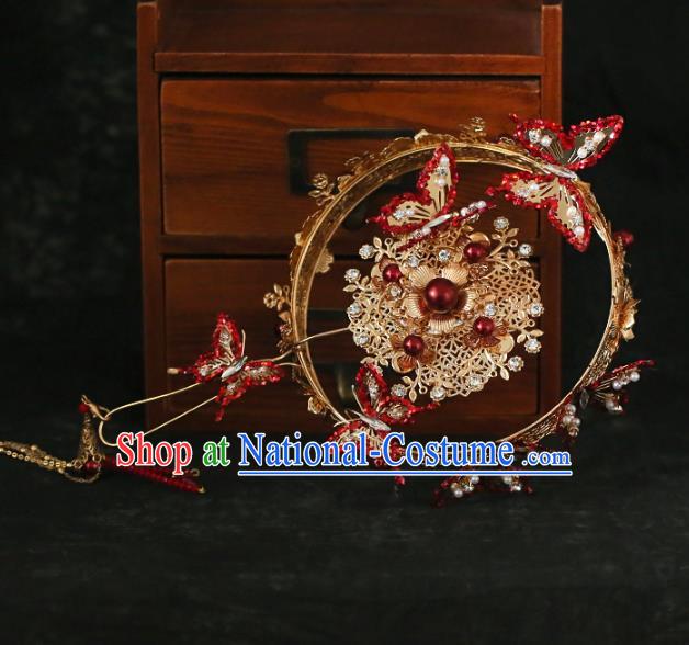 Chinese Traditional Red Butterfly Palace Fans Handmade Classical Hanfu Wedding Fan for Women