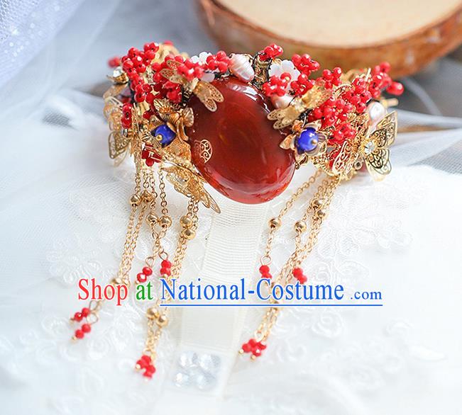 Chinese Traditional Hanfu Red Gem Tassel Hairpins Ancient Hair Accessories for Women