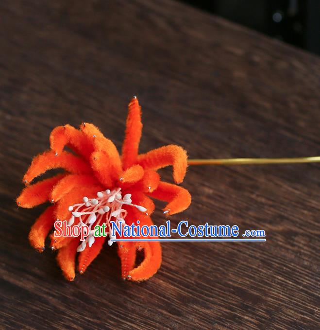 Chinese Traditional Hanfu Orange Velvet Chrysanthemum Hairpins Ancient Qing Dynasty Hair Accessories for Women