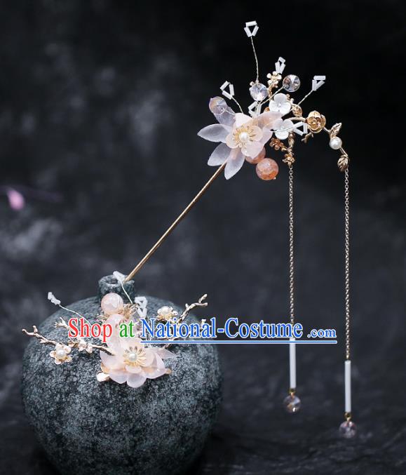 Chinese Traditional Hanfu Pink Silk Flower Tassel Hairpins Ancient Hair Accessories for Women