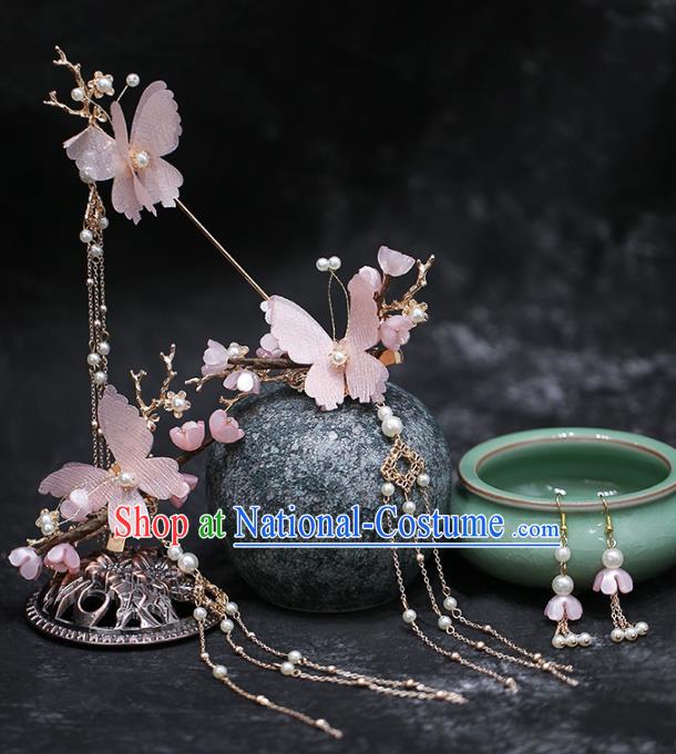 Chinese Traditional Hanfu Pink Silk Butterfly Hairpins and Hair Claws Hair Accessories Complete Set for Women