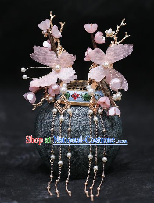 Chinese Traditional Hanfu Pink Silk Butterfly Hairpins and Hair Claws Hair Accessories Complete Set for Women