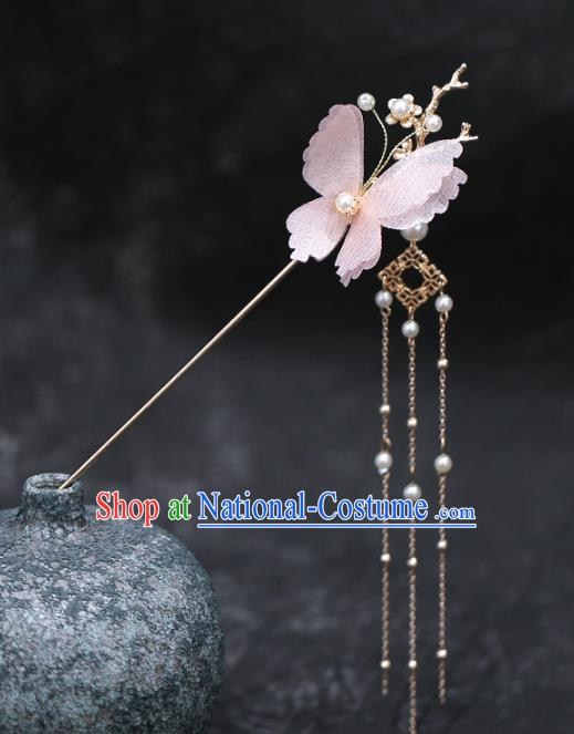 Chinese Traditional Hanfu Pink Silk Butterfly Hairpins and Hair Claws Hair Accessories Complete Set for Women