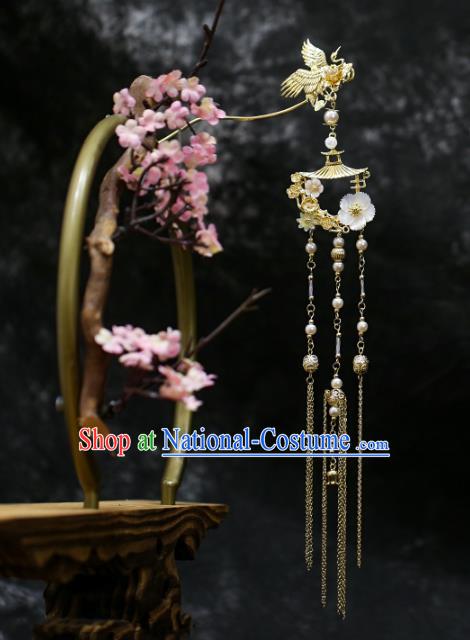 Chinese Traditional Hanfu Golden Crane Tassel Hairpin Ancient Hair Accessories for Women