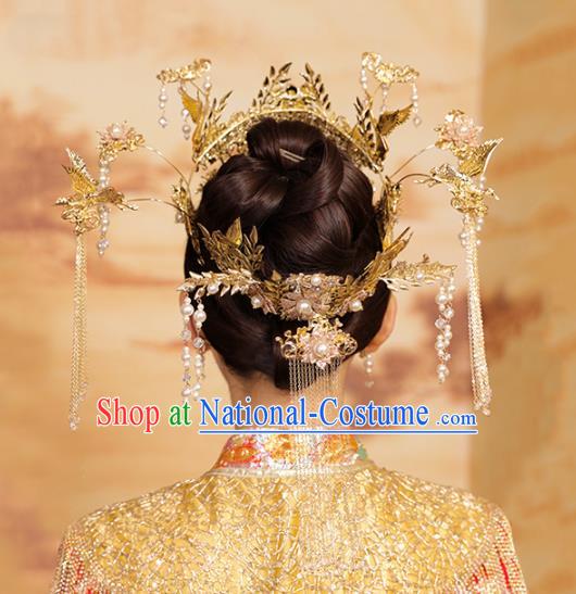 Chinese Traditional Wedding Pearls Tassel Golden Phoenix Coronet Hair Accessories for Women