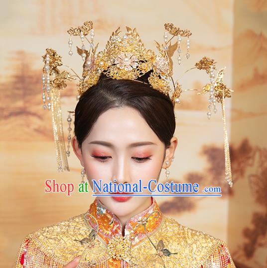 Chinese Traditional Wedding Pearls Tassel Golden Phoenix Coronet Hair Accessories for Women