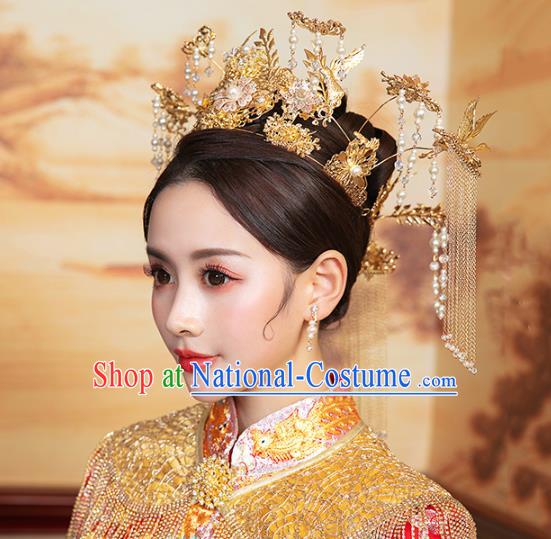 Chinese Traditional Wedding Pearls Tassel Golden Phoenix Coronet Hair Accessories for Women