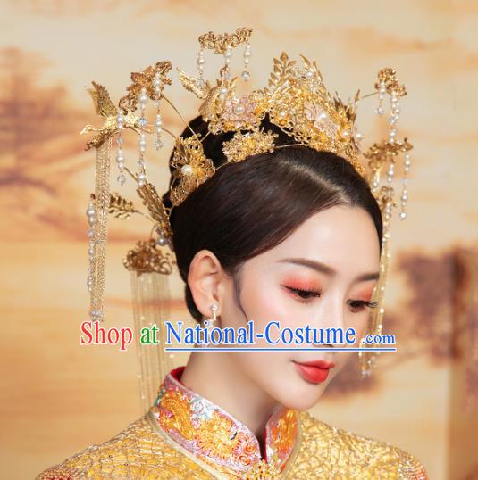 Chinese Traditional Wedding Pearls Tassel Golden Phoenix Coronet Hair Accessories for Women