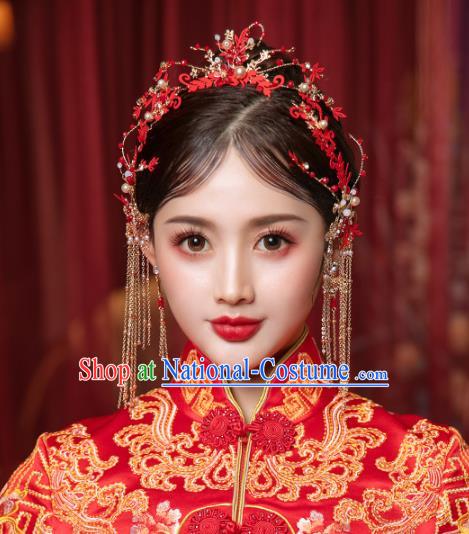 Chinese Traditional Hanfu Red Glass Hairpins and Hair Claws Hair Accessories Complete Set for Women