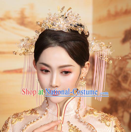 Chinese Traditional Hanfu Silk Flowers Hairpins and Hair Crown Hair Accessories Complete Set for Women