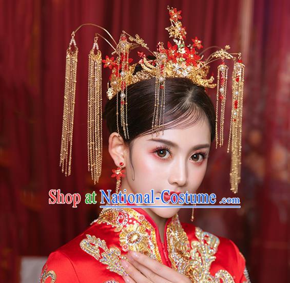 Chinese Traditional Hanfu Red Flowers Phoenix Coronet Hair Accessories for Women