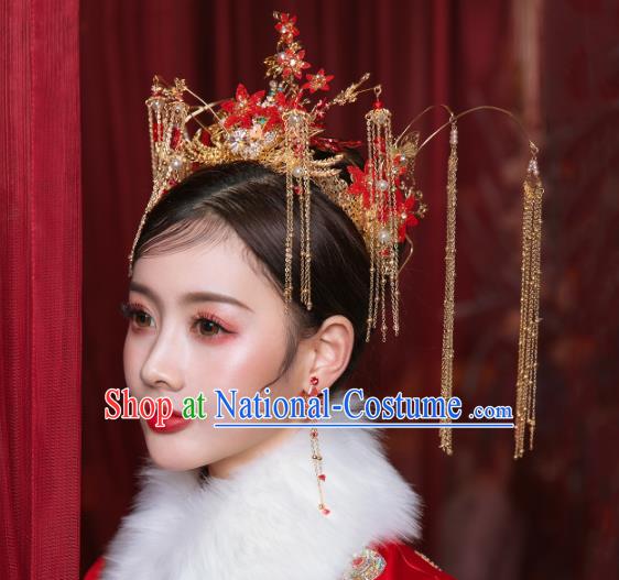 Chinese Traditional Hanfu Red Flowers Phoenix Coronet Hair Accessories for Women