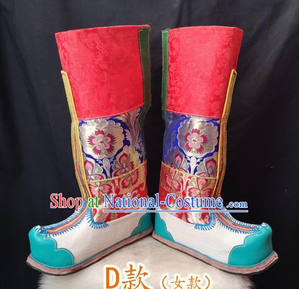 Handmade Chinese Zang Nationality Green Leather Boots Traditional Tibetan Ethnic Shoes for Women