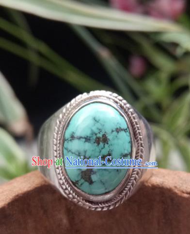 Chinese Zang Nationality Turquoise Rings Handmade Traditional Tibetan Ethnic Jewelry Accessories for Women