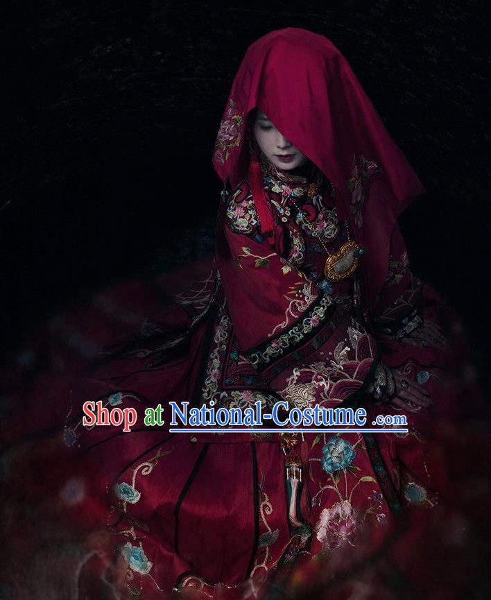 Chinese Ancient Wedding Costume Drama WuXin The Monster Killer Yue Qiluo Qing Dynasty Red Dress and Headpiece for Women