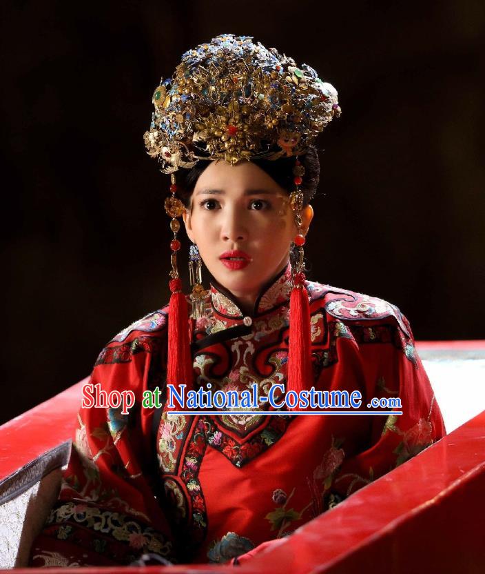 Chinese Ancient Wedding Costume Drama WuXin The Monster Killer Yue Qiluo Qing Dynasty Red Dress and Headpiece for Women