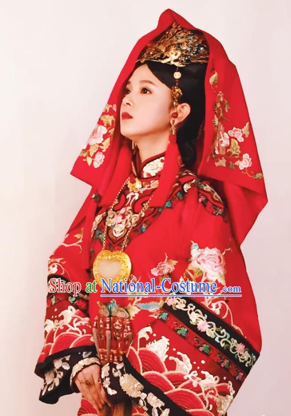 Chinese Ancient Wedding Costume Drama WuXin The Monster Killer Yue Qiluo Qing Dynasty Red Dress and Headpiece for Women