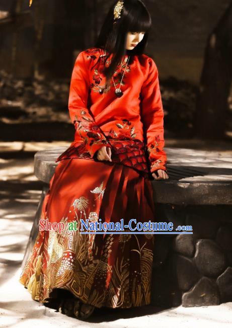 Chinese Ancient Fairy Costume Drama WuXin The Monster Killer Yue Qiluo Qing Dynasty Red Dress and Headpiece for Women