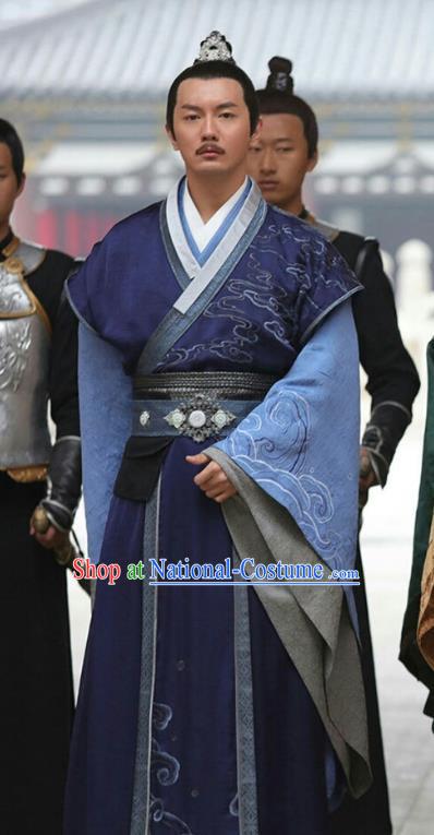 Chinese Ancient Chancellor Feng Ruge Blue Clothing Historical Drama Colourful Bone Costume and Headpiece for Men