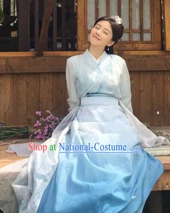 Drama Colourful Bone Chinese Ancient Princess Blue Dress Costume and Headpiece for Women