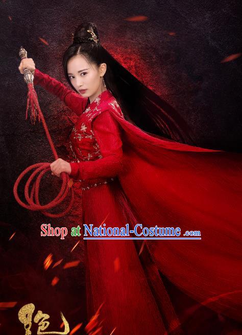 Chinese Ancient Swordswoman Zhang Jing Red Hanfu Dress Drama Handsome Siblings Costume and Headpiece for Women