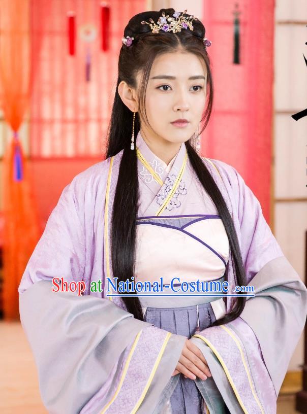 Chinese Historical Drama The Eternal Love Ancient Noble Lady Qu Tan Er Purple Costume and Headpiece for Women