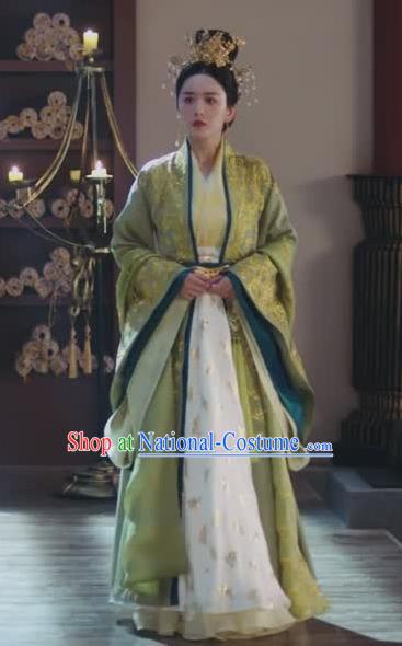 Chinese Ancient Royal Empress Rong Le Green Historical Drama Princess Silver Costume and Headpiece for Women