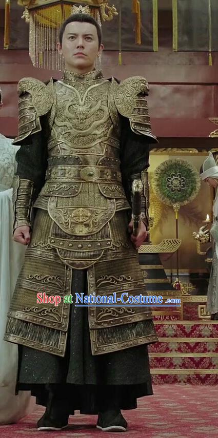 Chinese Drama Legend of the Phoenix Ancient Emperor Pang Tong Armor Historical Costume and Headwear for Men